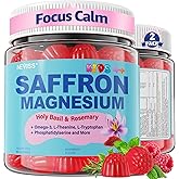 Saffron +Magnesium Glycinate +Omega-3 - Calm Focus Gummies for Kids 4+, Saffron Extract Supplement with L-Theanine, Holy Basil, Rosemary, B6, D3 for Happy Mood, Cognition, ZZz, Sugar Free, 2 Pack
