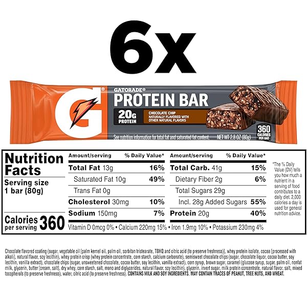 GATORADE WHEY PROTEIN RECOVER BARS, CHOCOLATE CHIP, 2.8 OUNCE (6 COUNT)