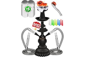 TRICASE Portable Hookah set with everything - Black Hookah Set 2 Hose Hookahs – Black Mini Hookah 2 Hose Hooka Set with 50x Foil Sheets, Silicone Bowl 10x Disposable Tips and Sisha Tongs
