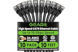 GearIT 10 Pack, Cat 6 Ethernet Cable Cat6 Snagless Patch 10 Feet - Computer LAN Network Cord, Black - Compatible with 10 Port