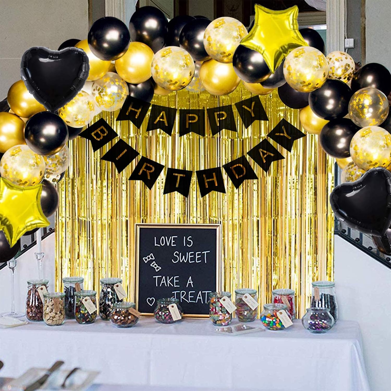 Black Gold Birthday Party Decoration Set-Black and Gold Party Decoration Including Happy Birthday Banner, Tassels, Balloons, Metallic Fringe Curtain, Flower Pompoms,Suit Perfect For Girls or Boys, Men or Women Birthday Party: Toys & Games
