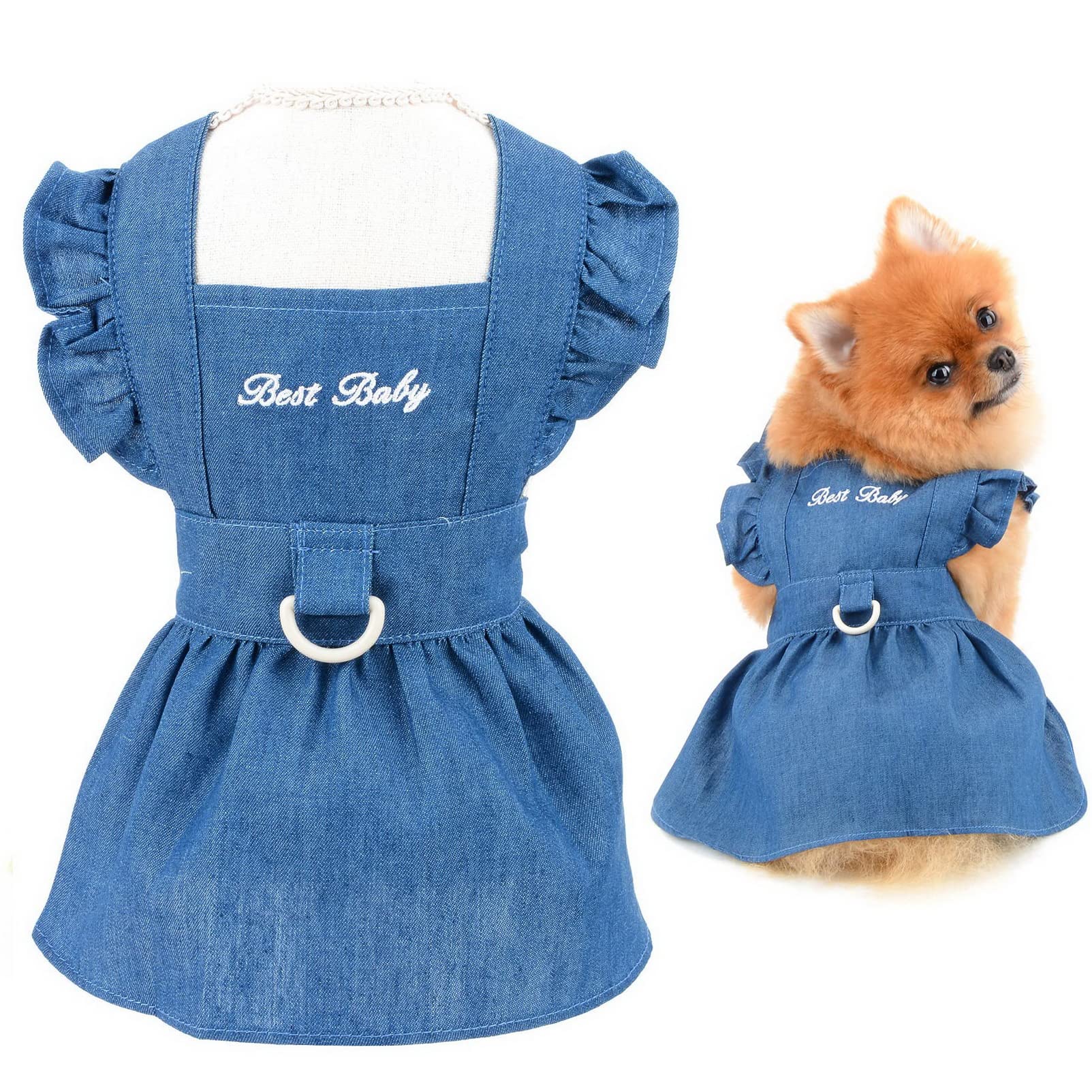 SMALLLEE_LUCKY_STORE Dog Denim Harness Dress, Ruffles Puppy Princess Dress for Small Medium Dog Cat Girls Adjustable Pet Jean Skirt with D-ring Female Dog Clothes Summer Apparel,Dark Blue,XL