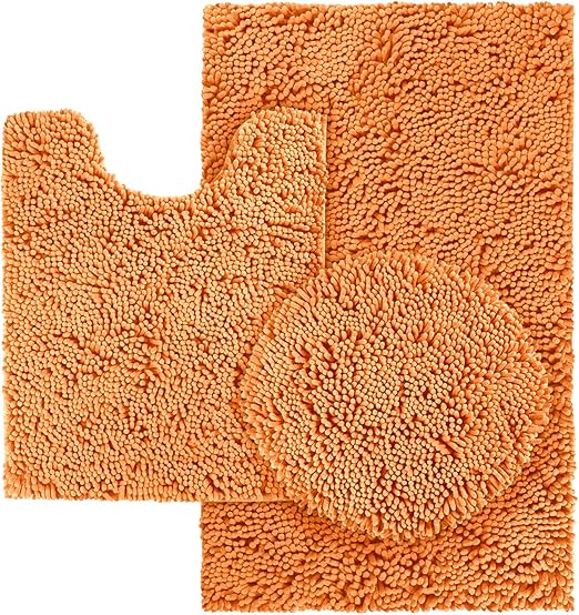 Amazon Com Homeideas 3 Pieces Bathroom Rugs Set Orange Includes U Shaped Contour Toilet Mat Bath Mat And Shaggy Toilet Lid Cover Machine Washable Non Slip Bath Rugs For Bathroom Tub Shower Kitchen