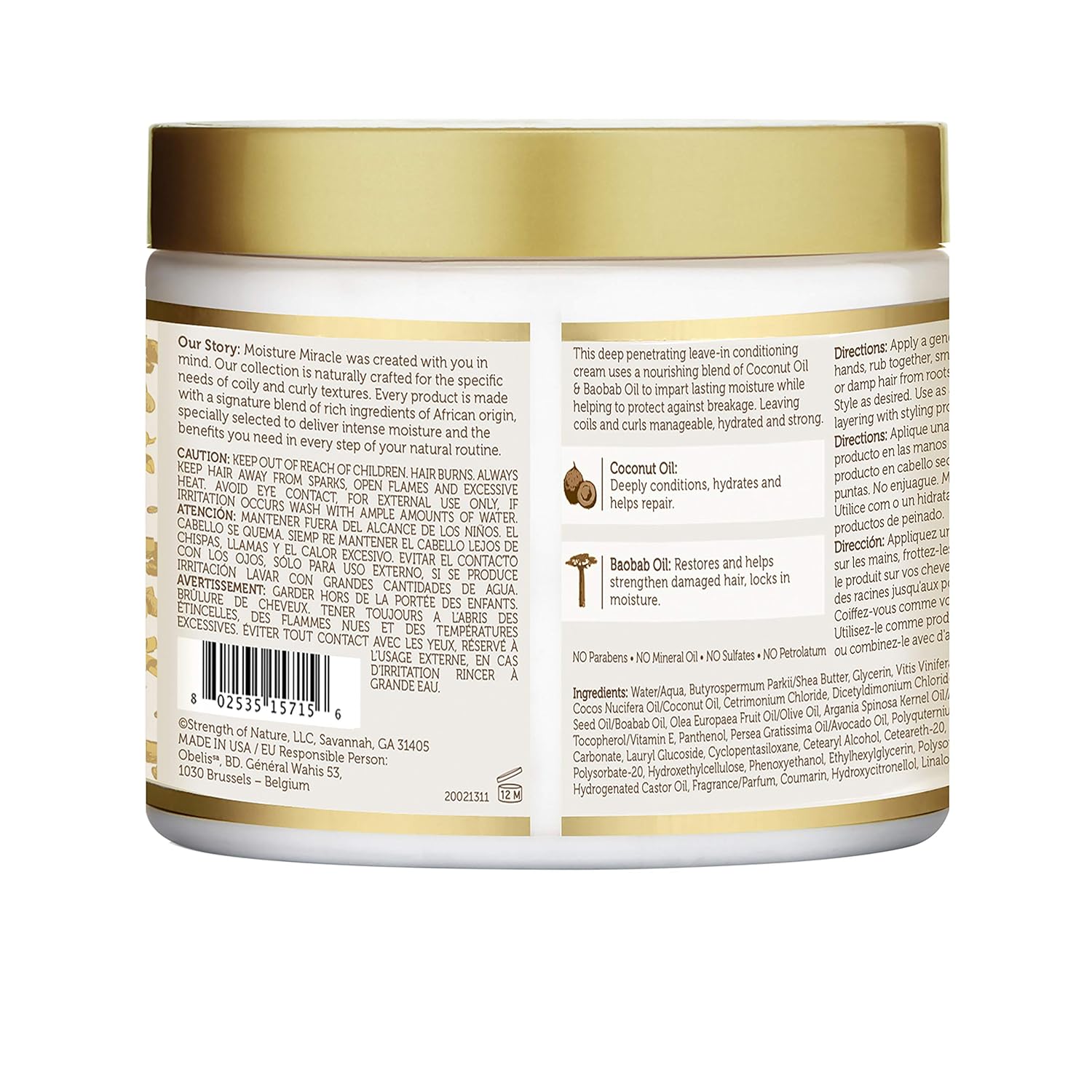 African Pride Moisture Miracle Coconut Oil & Baobab Oil Leave-In Cream - Provides Intense Moisture & Helps Repair Natural Coils & Curls, Hydrates & Strengthens, 15 oz : Beauty