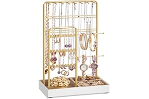 SONGMICS Jewelry Holder, Jewelry Organizer, Jewelry Display Stand with Metal Frame, Pale Gold UJJS021A01