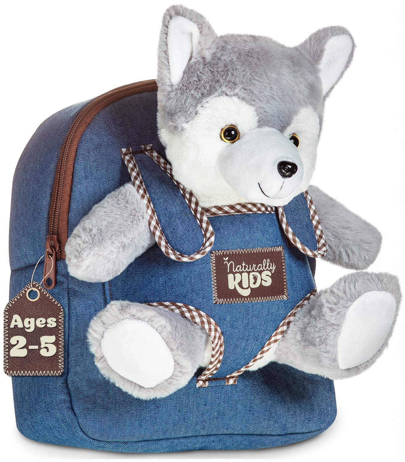 Naturally KIDS Wolf Stuffed Animal Backpack for Girls Boys, Birthday Gifts for 3-5 Year Old, Toddler Backpack
