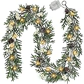 6FT Christmas Garland with Lights, Christmas Decorations Indoor Outdoor Pre-lit Artificial Pine Garland with Battery Operated Timer, Home Holiday Decor Flocked Garland for Mantel Window Stairs Wall