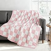 Exclusivo Mezcla Checkered Knit Throw Blanket, Ultra Soft and Warm Reversible Woven Blankets, Cozy Snuggly Throw for Couch Bed and Home Decor, Pink, 50"x60"