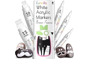 Funcils 5 Acrylic White Paint Pens - Fine & Jumbo Size Ink Pens (1mm, 3mm, 6mm, 10mm, 15mm) - Permanent White Marker Ink for Rock Painting, Fabric, Tire, Metal, Wood, Canvas, Glass, Plastic, Ceramic