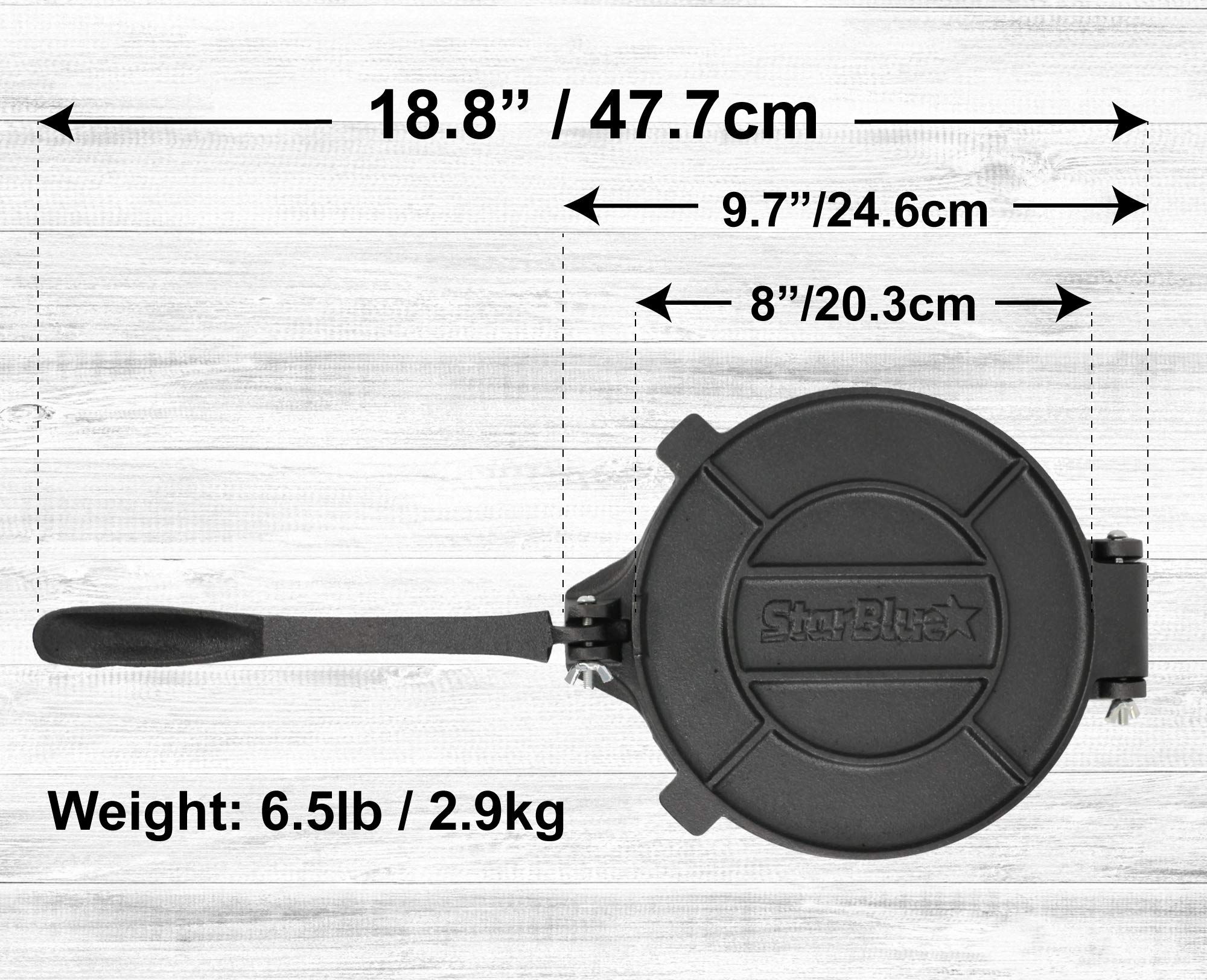 8 Inch Cast Iron Tortilla Press by StarBlue with FREE 100 Pieces Oil Paper and Recipes e-book - Tool to make Indian style Chapati, Flour Tortilla, Roti