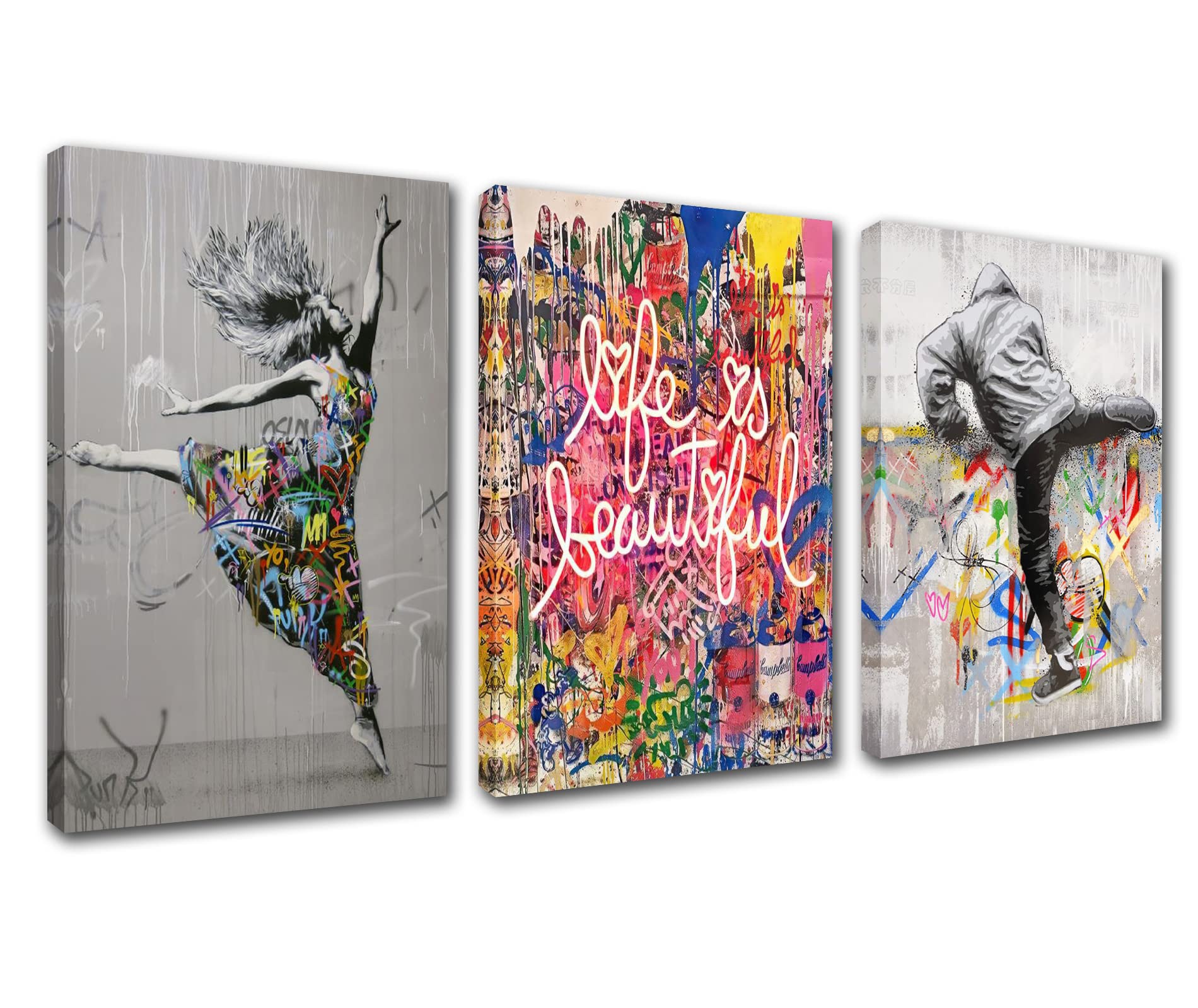 Nordics Street Art Decor Banksy Graffiti Pictures Romentic Love Word Paintings Boy and Girl Artwork 3 Panels Canvas Wall Art Living Room Home Modern Decor Framed Giclee Ready to Hang(42''W x 20''H)