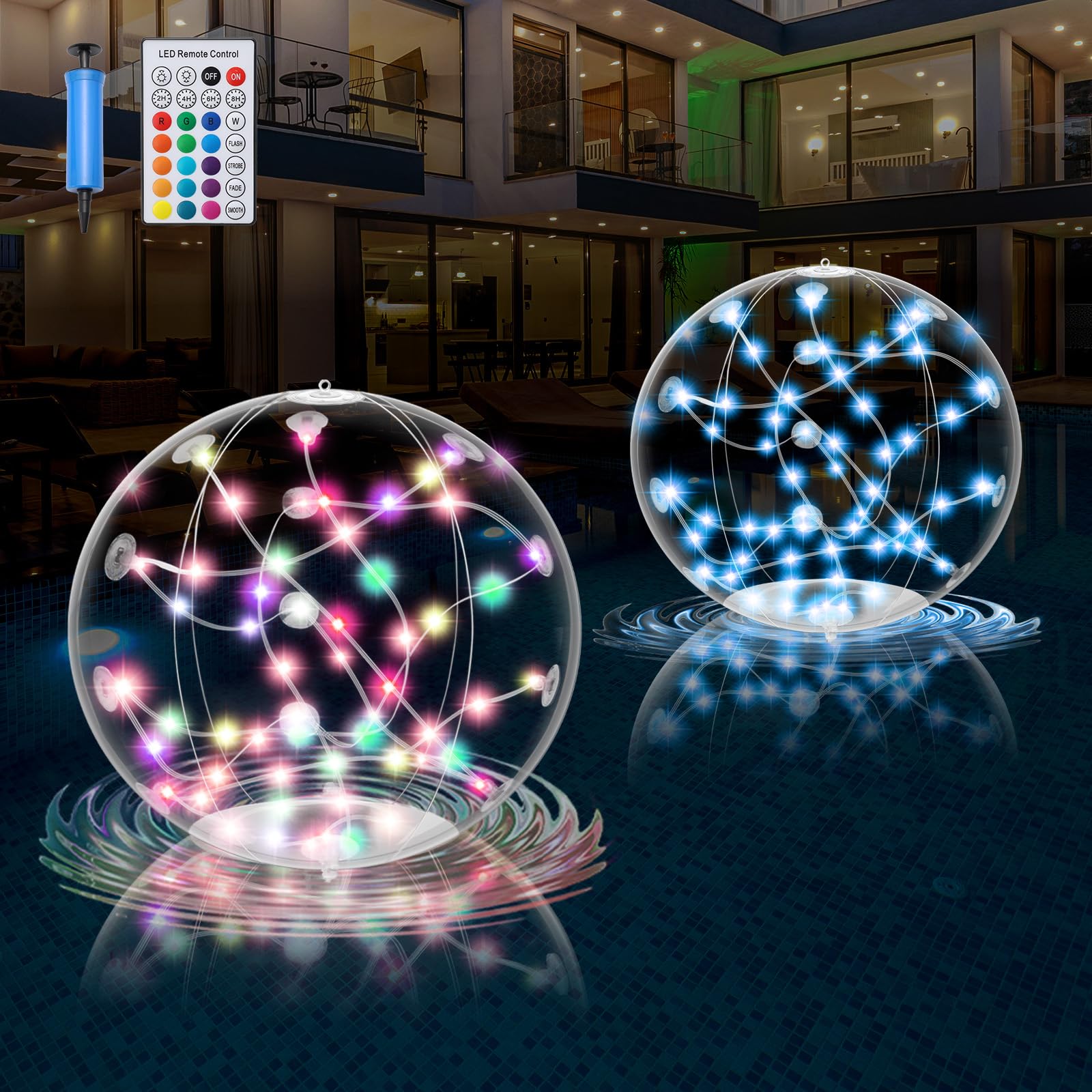 Photo 1 of 2 Pack Solar Floating Pool Lights, 14.5" RGBW Inflatable LED Balls with Remote, 16 Colors, 4 Light Modes, Timer & Brightness Control, Auto On/Off, IP68 Waterproof Glow for Pool & Outdoor Décor