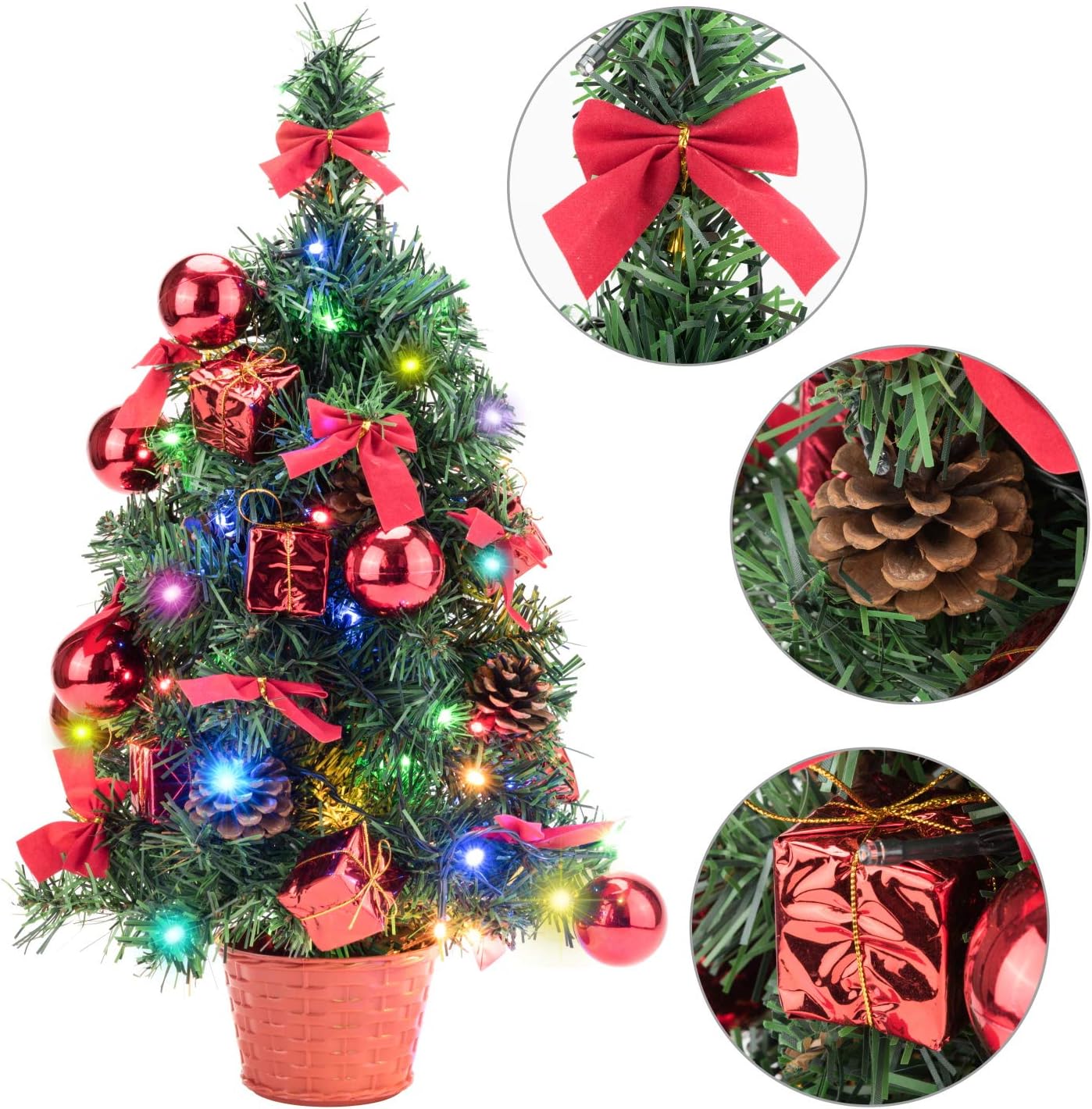 EFORINK Mini Christmas Tree 22 inch Tabletop Prelit Christmas Tree with Multicolored LED Lights, Pinecone, Gift Box, Bowknot and Christmas Ball Ornaments for Home and Office Decoration, 55cm, Red