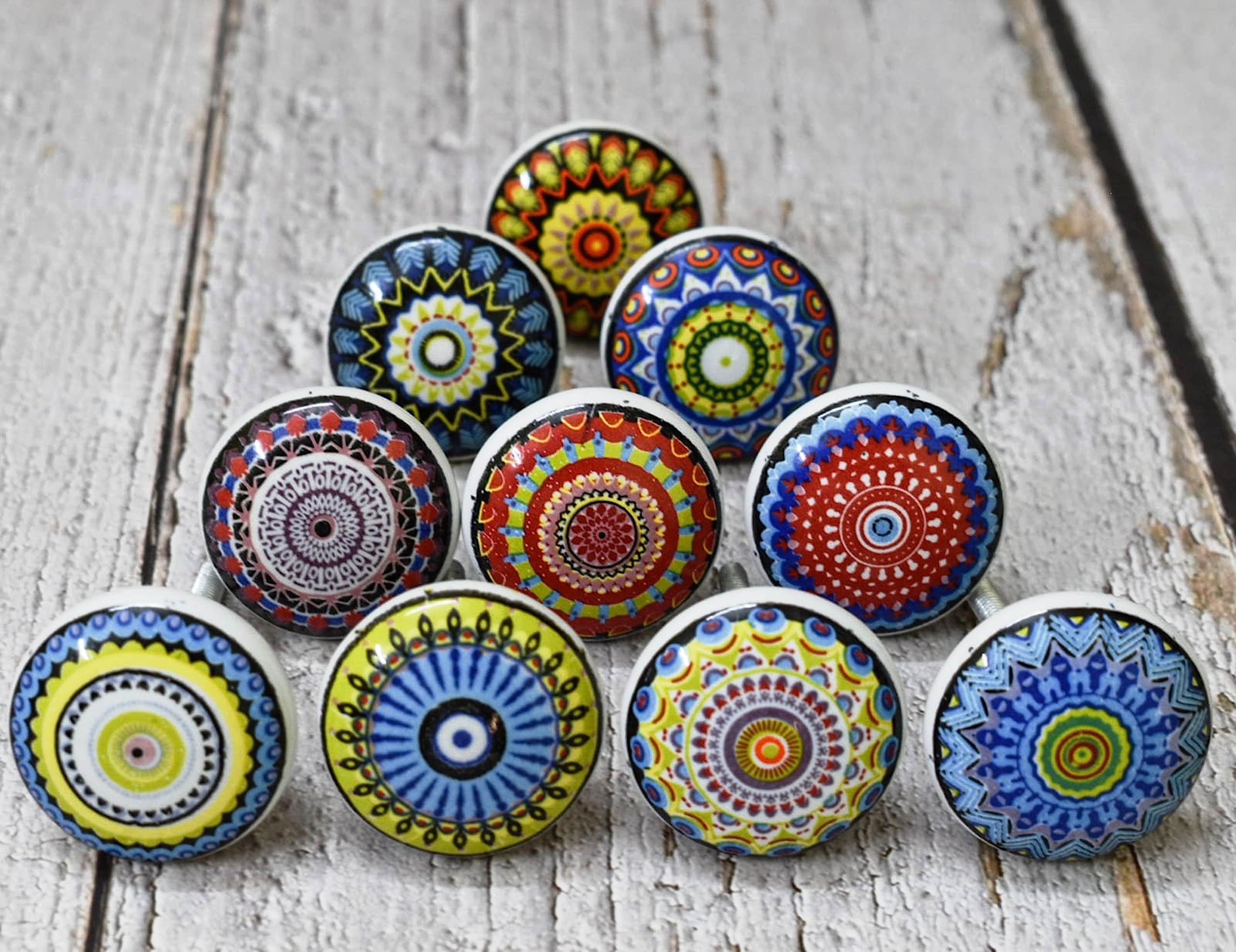 ARTISNO Ceramic Knobs for Cabinets - Set of 10 Multicolor Mixed Design Round Ceramic Knobs Hand Painted Boho Kitchen Cabinet Drawer Knobs | Wardrobe and Dresser Pulls with Glossy Finish — image 1