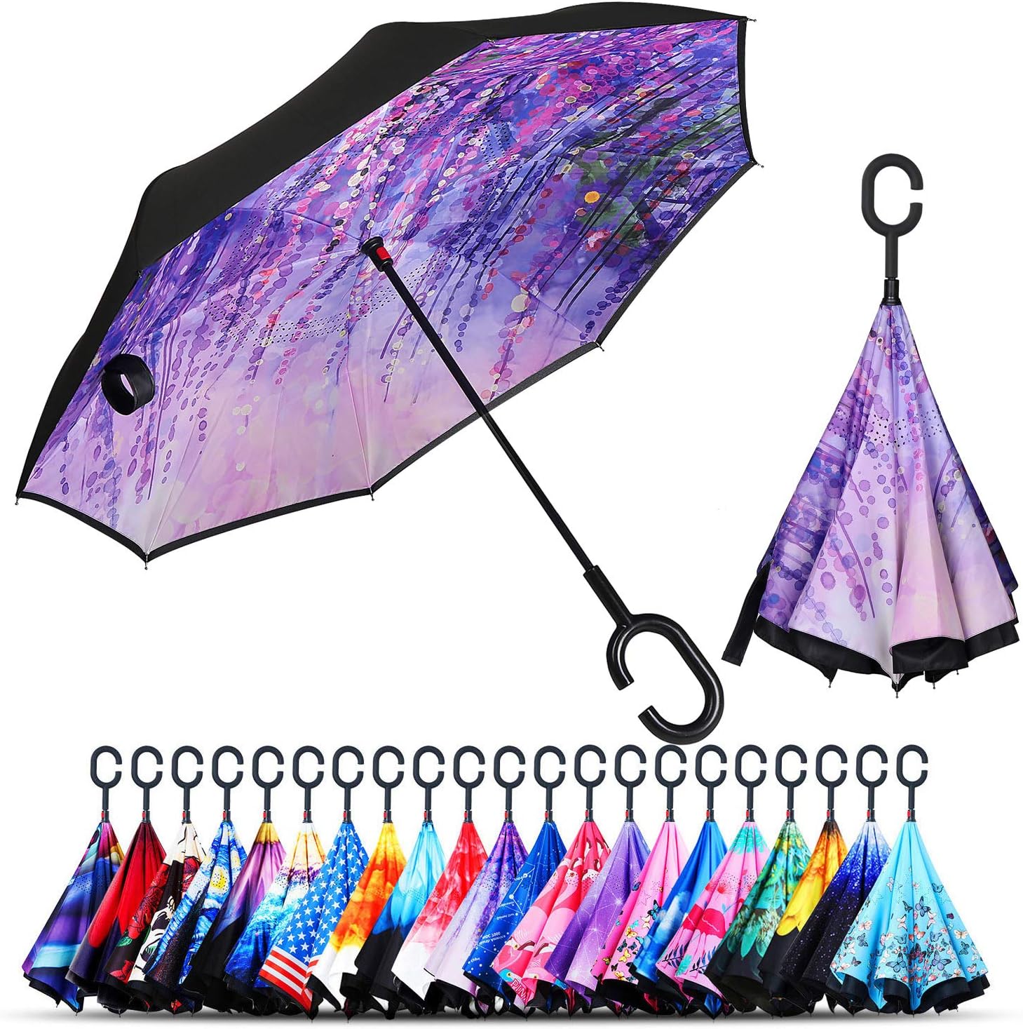 Owen Kyne Windproof Double Layer Folding Inverted Umbrella, Self Stand Upside-Down Rain Protection Car Reverse Umbrellas with C-Shaped Handle