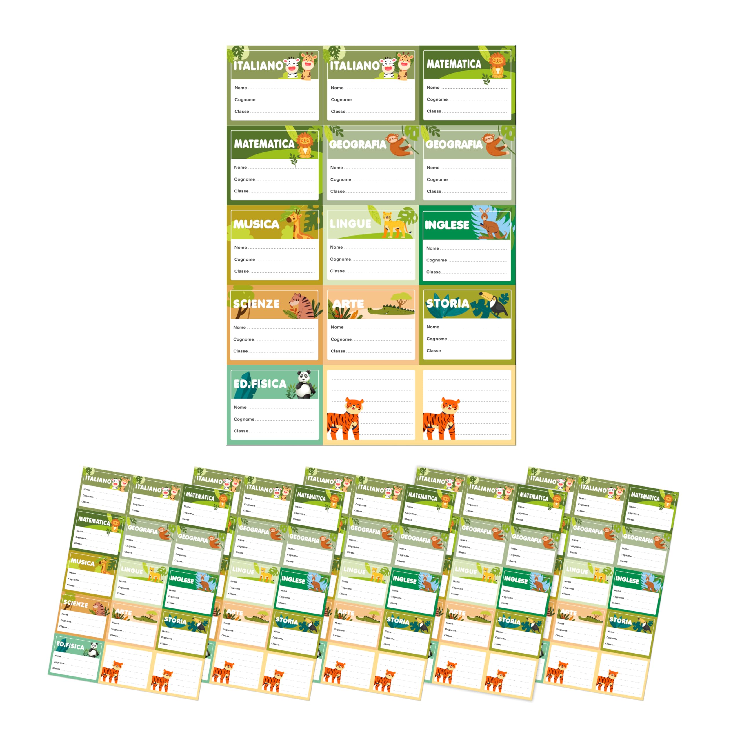75 Assorted Jungle Labels 70 x 58 mm Personalised – Customisable Laminated Label with Name Materia Class – Waterproof Stickers for Books