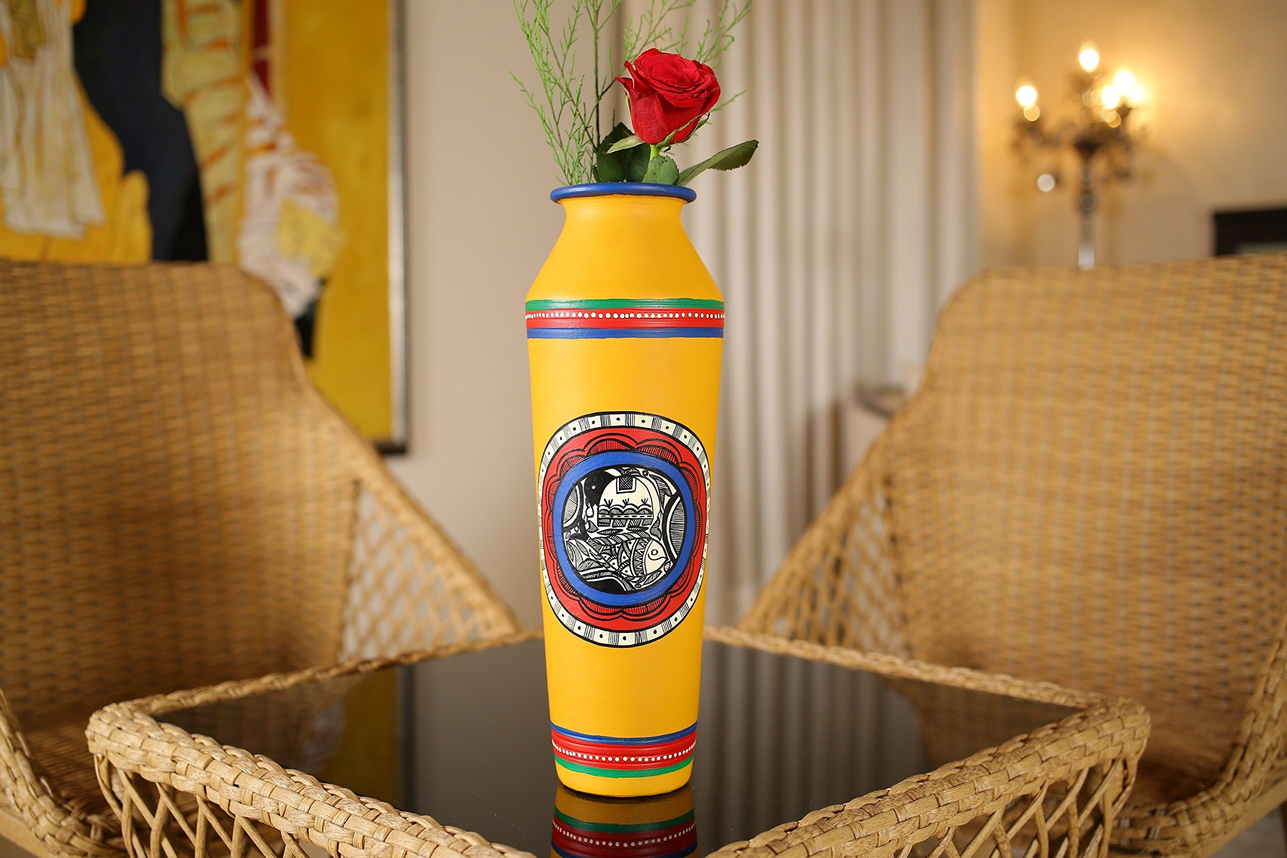 KOLAMBAS Terracotta Taper Shape Flower Vase Hand Painted Home Decorative Handicraft Yellow Vase