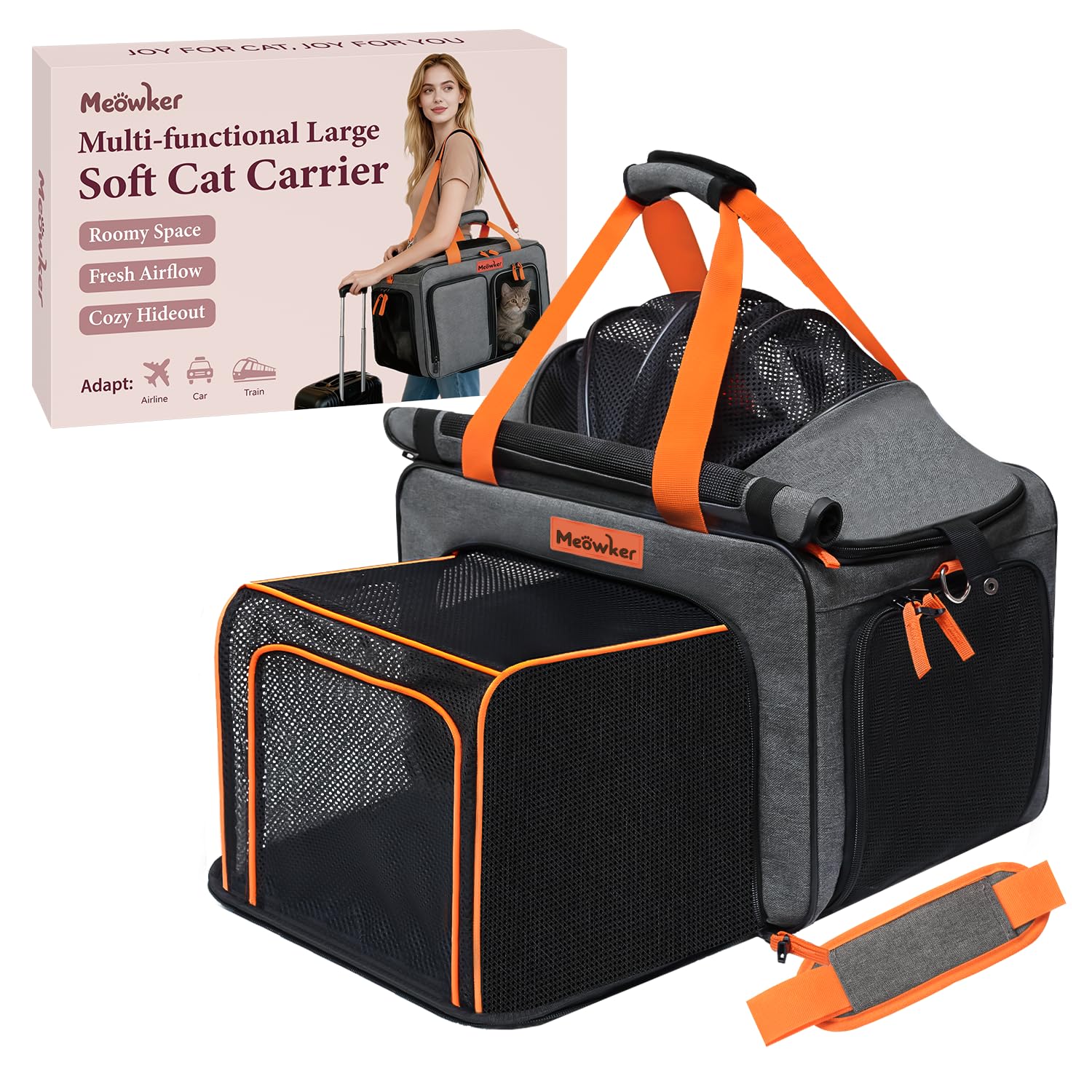 Photo 1 of Meowker Cat Pet Carrier Soft Sided Bag Airline Approved, Foldable Travel Large Carrier for Small Kittens Medium Cats Up to 13 Lbs, Expandable Carrying Case for Car, Comfortable for Transport