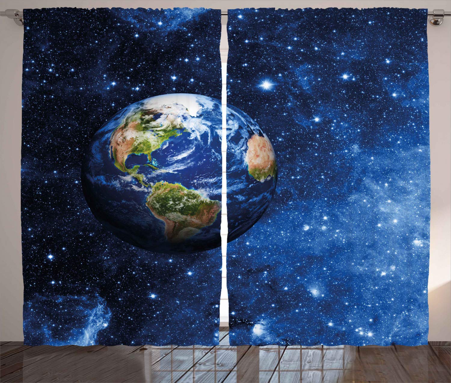 ABAKUHAUS Space Curtains, Outer View of Planet Earth in Solar System with Stars Life on Globe Themed Image, Living Room Bedroom Window Drapes 2 Panel Set, 69 L X 110 W, Blue Green