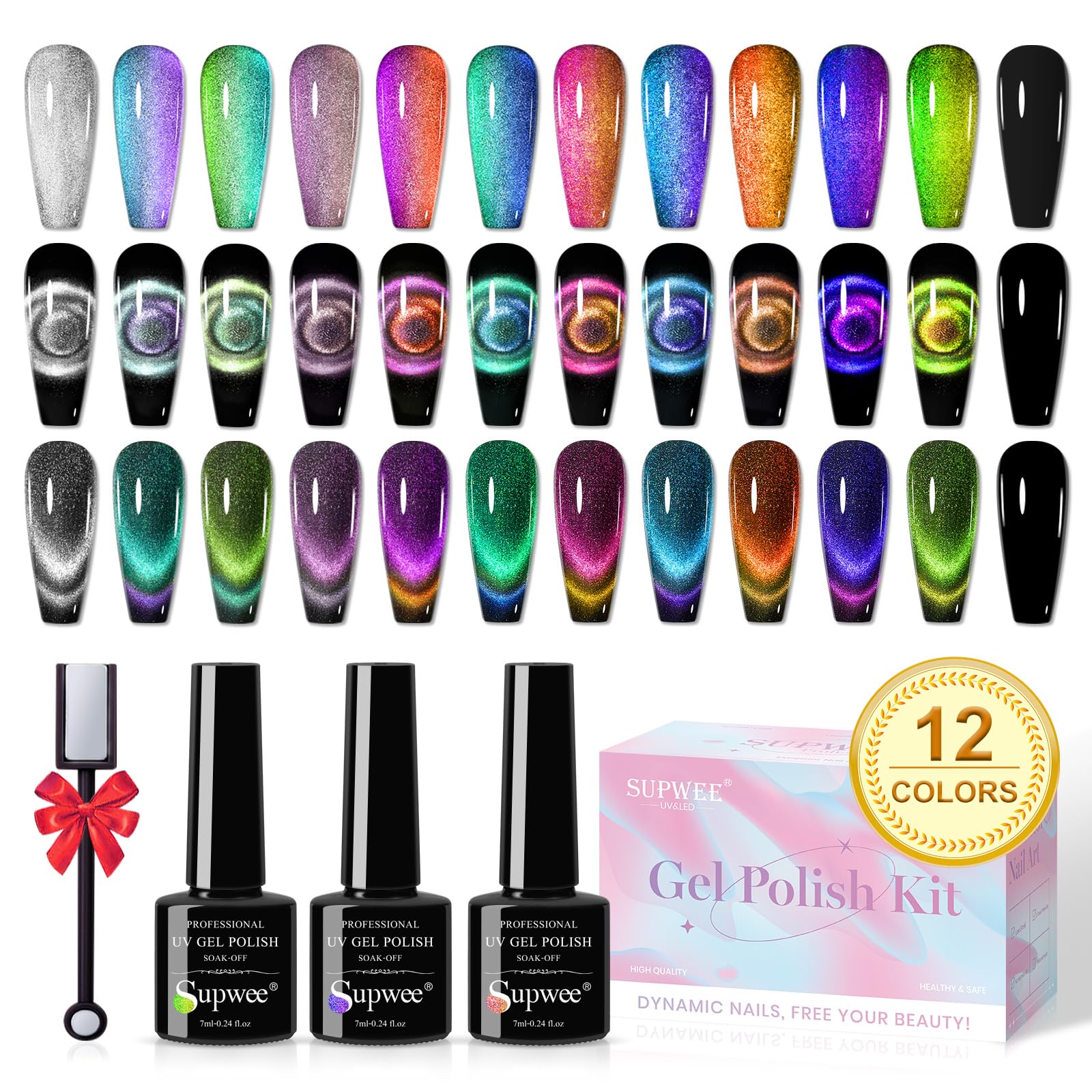 Photo 1 of SUPWEE Cat Eye Gel Nail Polish Set - 12 Colors 9D Magnetic Nail Polish Gel Galaxy Cateye Nail Gels Polishes with 1 Black Gels and Magnetic Lamp Cure Required Home Manicure DIY Nail Art