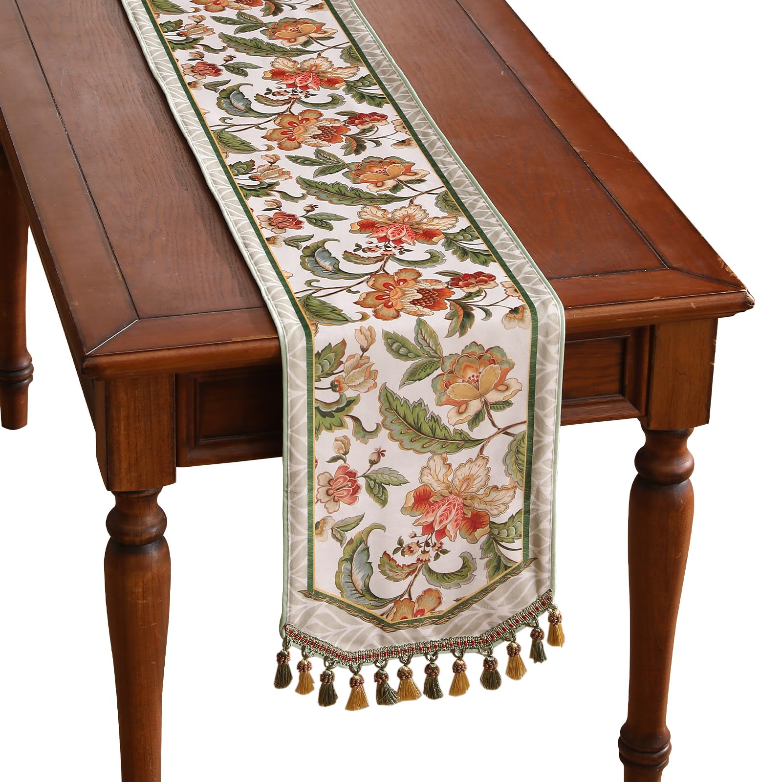 Photo 1 of patdrea Designer Elegant French Floral Velvet Table Runner, Fresh Green with Orange Blossoms Pattern Table Mat, Decoration for Kitchen Dining Coffee Table Cabinet Banquet Thanksgiving,12"*87"