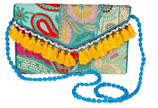 Tribe Azure Fair Trade Satchel Handbag Purse Crossbody Colorful Tassels Women Fashion Boho Coin Wallet Accessories Floral Unique Casual Hippie (Blue Serene Patchwork)
