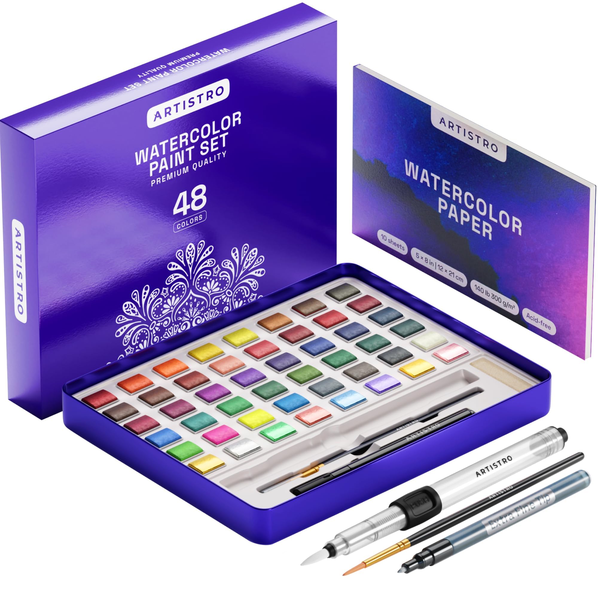 ARTISTRO Watercolor Paint Set – 48 Vivid Colors in Portable Box, Including Metallic & Fluorescent Shades – Travel Art Kit for Artists, Hobbyists & Painting Lovers (Premium Home)