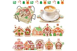 YLOLUL 10 Pcs Christmas Gingerbread House Diamond Painting Coasters Kits Candy Cabin Diamond Art Coasters with Holder Gingerbread House Coasters for Beginners Adults and Kids Art Craft Supplies Gift