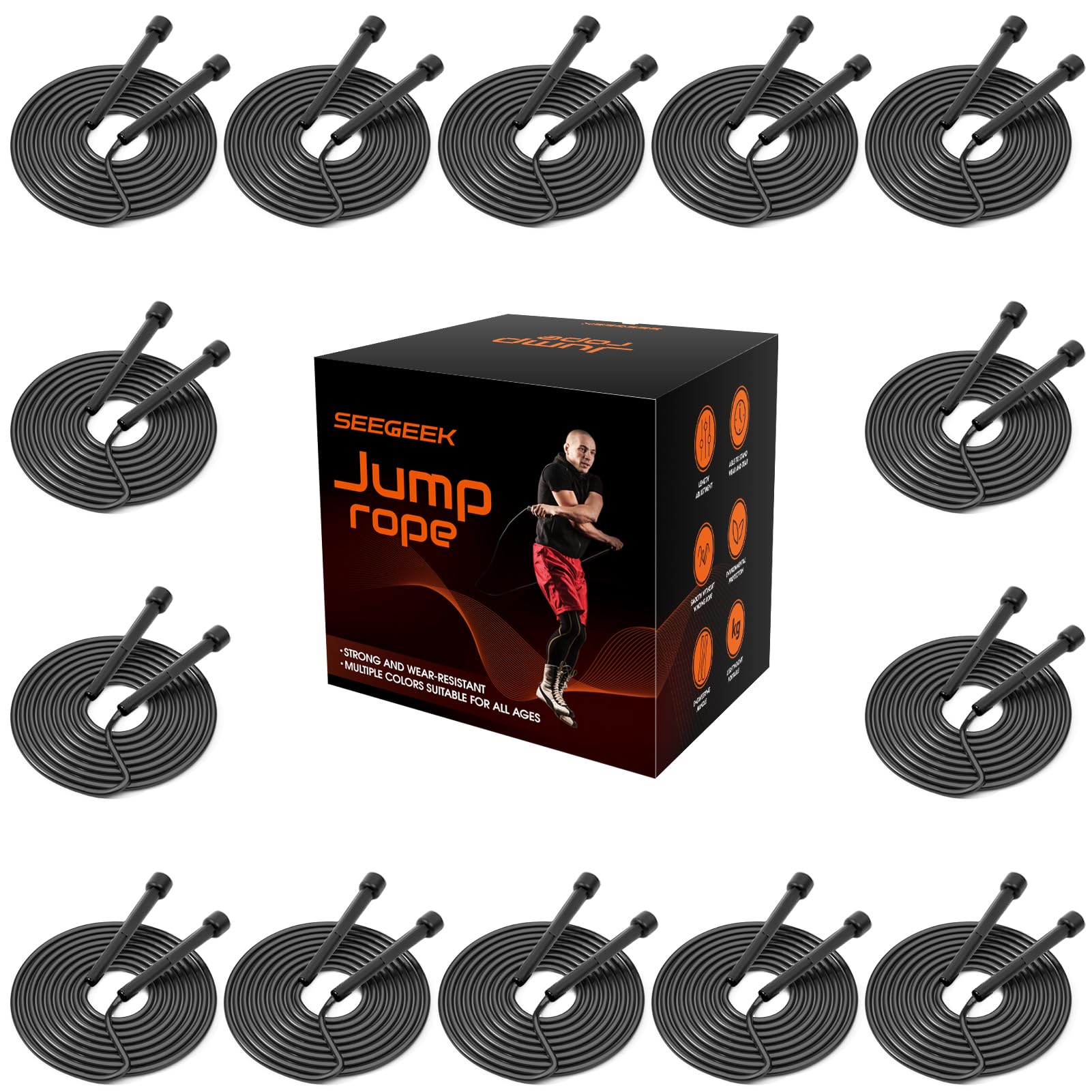 Photo 1 of HELLOBOZS 14 Pack Black Adjustable PVC Jump Rope for Cardio Fitness - Versatile Jump Rope for Kids Women Men Gift -Tangle-Free for Keeping Fit, Training, Workout