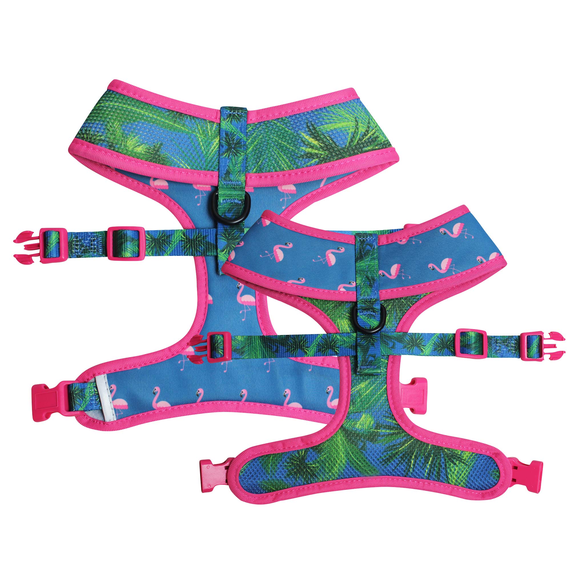 2019 Premium Reversible and Adjustable Dog Harness, The Perfect Pet Harness + Free Safety Seat Belt Attachment Included- UK Brand (Flamingo, XL)