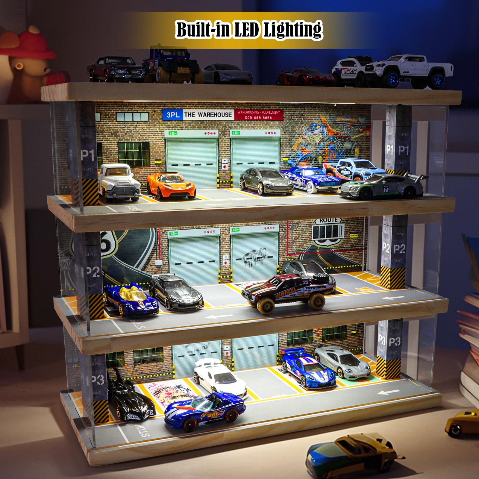 Saichotoy Storage for Hot Wheels: Toy Car Parking Garage Diorama with Lights - Freestanding Display Case for 1/64 Scale Diecast Cars with 4 Levels 24 Spots Maximum 40 Cars