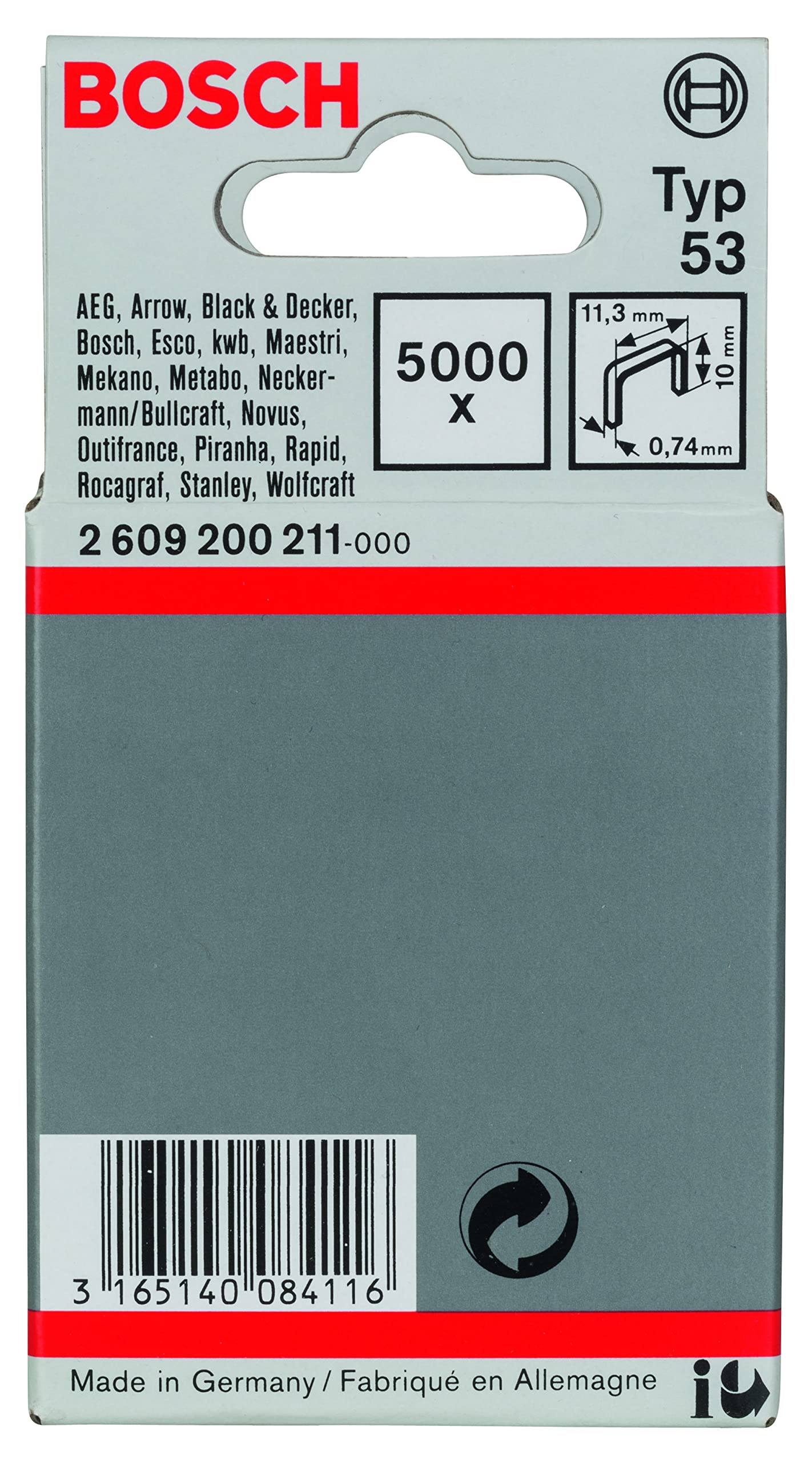 Bosch Professional Fine Wire Staple Type 53 (Textiles, Carton, 11.4 x 0.74 x 10 mm, Accessories for Joining)