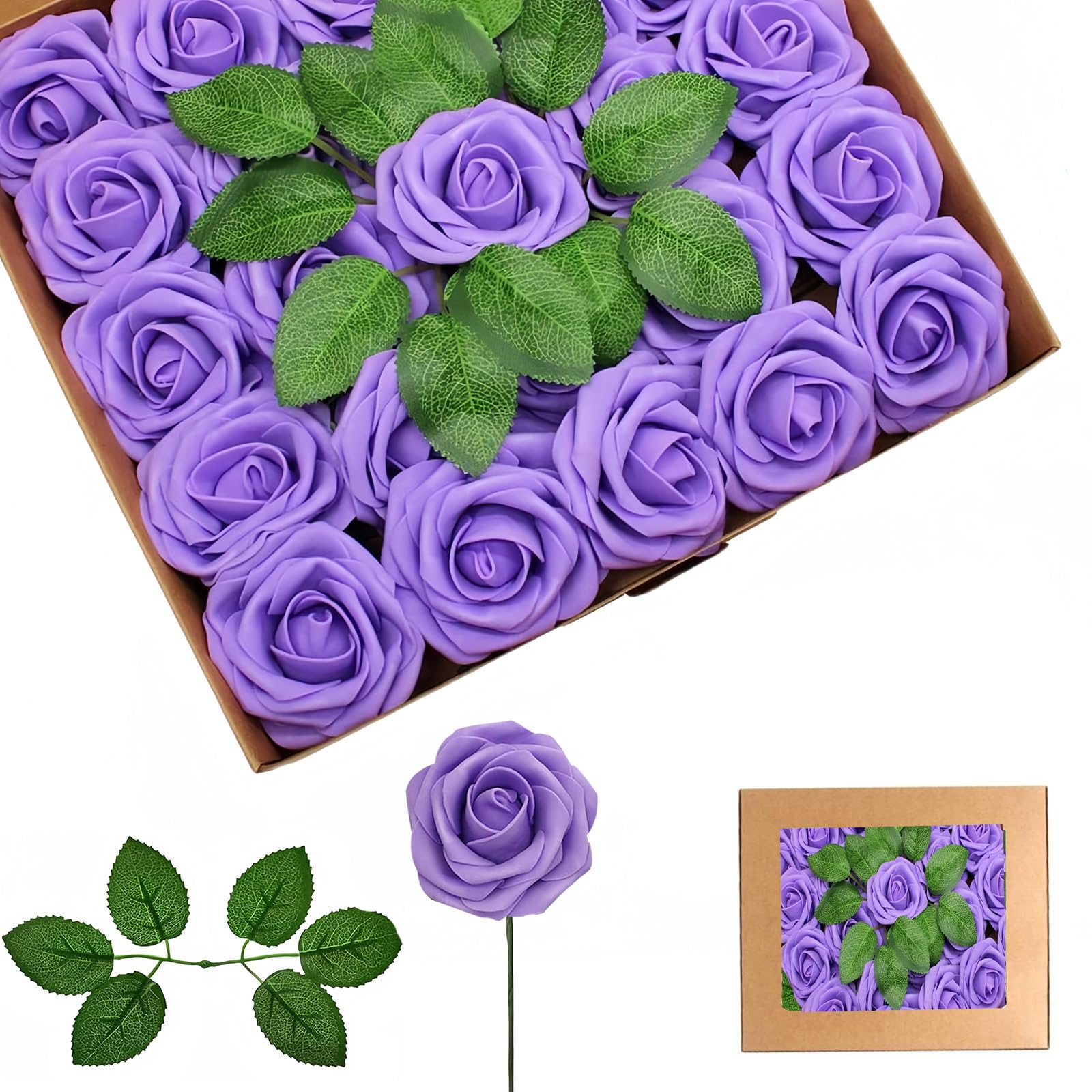 25Pcs Purple Artificial Roses, Real Touch Foam Roses with Stems, 4 Leaves, Artificial Flowers for Wedding, Bridal Bouquets, Cake, Grave Stone, Table Centerpieces, Baby Shower, Funeral Decoration