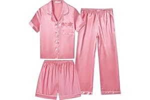 Vopmocld Satin Pajama Sets Unisex Boys and Girls Silk Button Down Short Sleeve & Shorts & Pants Sleepwear 3PCS Loungewear PJS