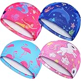 PLMMOUT 4 Pieces Kids Swim Caps, Cute Swimming Caps, Cloth Fabric | Children's Swim Cap, Kids Swimming Hat Bathing Cap for Kids Boys Girls, Long and Short Hair