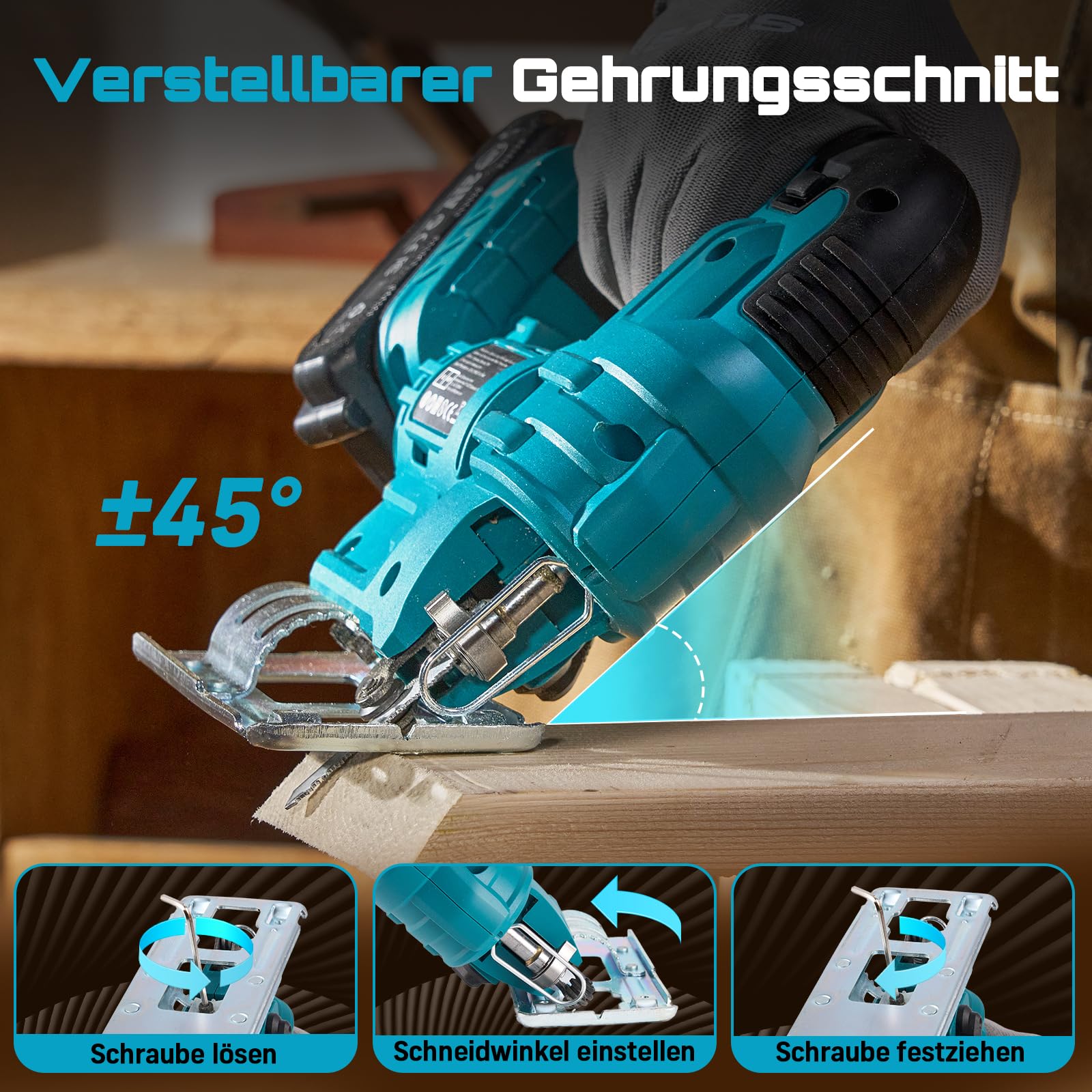 Seesii Stichsäge 21V, Akku Stichsäge mit Akkus und Ladegerät Set, 6-Stufen, Mit LED, 0°-45° Gehrung, 4 Pendelhub-Einstellungen, 20mm Hubhöhe, 2800 SPM, 9 Sägeblättern, mit Tragetasche 6