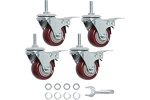 Finnhomy Swivel Caster Wheels 2 Inch Heavy Duty Threaded Stem Casters 1/4" - 20 x 1 with Brake Set of 4 for Wire Shelves Wheels PU Load Bearing 800 Lbs Anti-wear Smooth Casters, Red