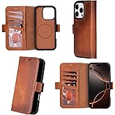 Bayelon Leather Wallet Case for iPhone 16 Pro 6.3" - Flip Cover Card Holder, iPhone 16 Pro Wallet Folio Case, Kickstand, MagSafe Compatible RFID, Real Leather iPhopne 16 Pro Cover (Vintage Brown)