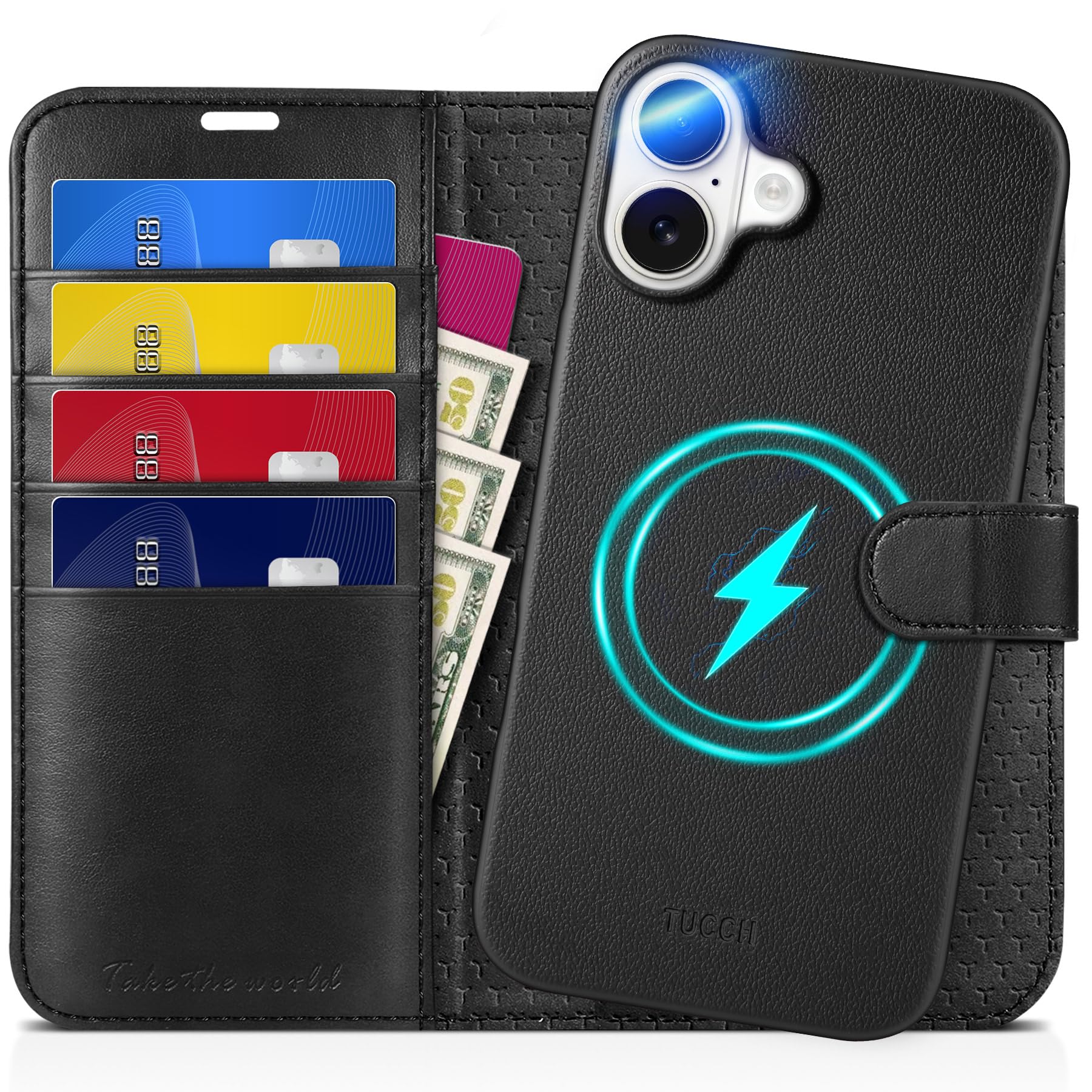 TUCCH Case for iPhone 16 Plus (6.7") 2024, [2 in 1]Detachable Magnetic PU Leather Wallet Stand Case with[RFID Blocking][Wireless Charging][Card Slots]Shockproof Removable Protective Folio, Full Black