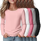 LessonZoo 5 Pack Girls' Long Sleeve Shirts Kids Crewneck Basic Tees Solid Color Fall Winter Tops Bulk 5-14 Years