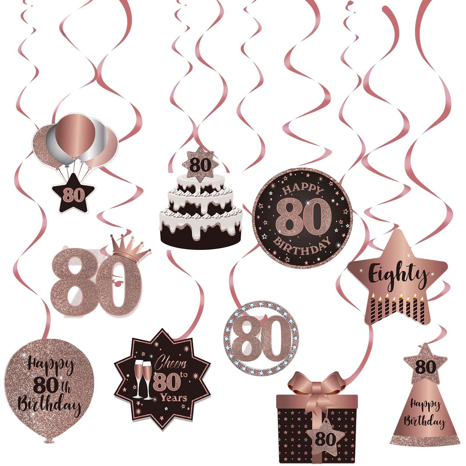 Happy 80th Birthday Party Hanging Swirls Streams Ceiling Decorations, Celebration 80 Foil Hanging Swirls with Cutouts for 80 Years Old Rose Gold Birthday Party Decorations Supplies