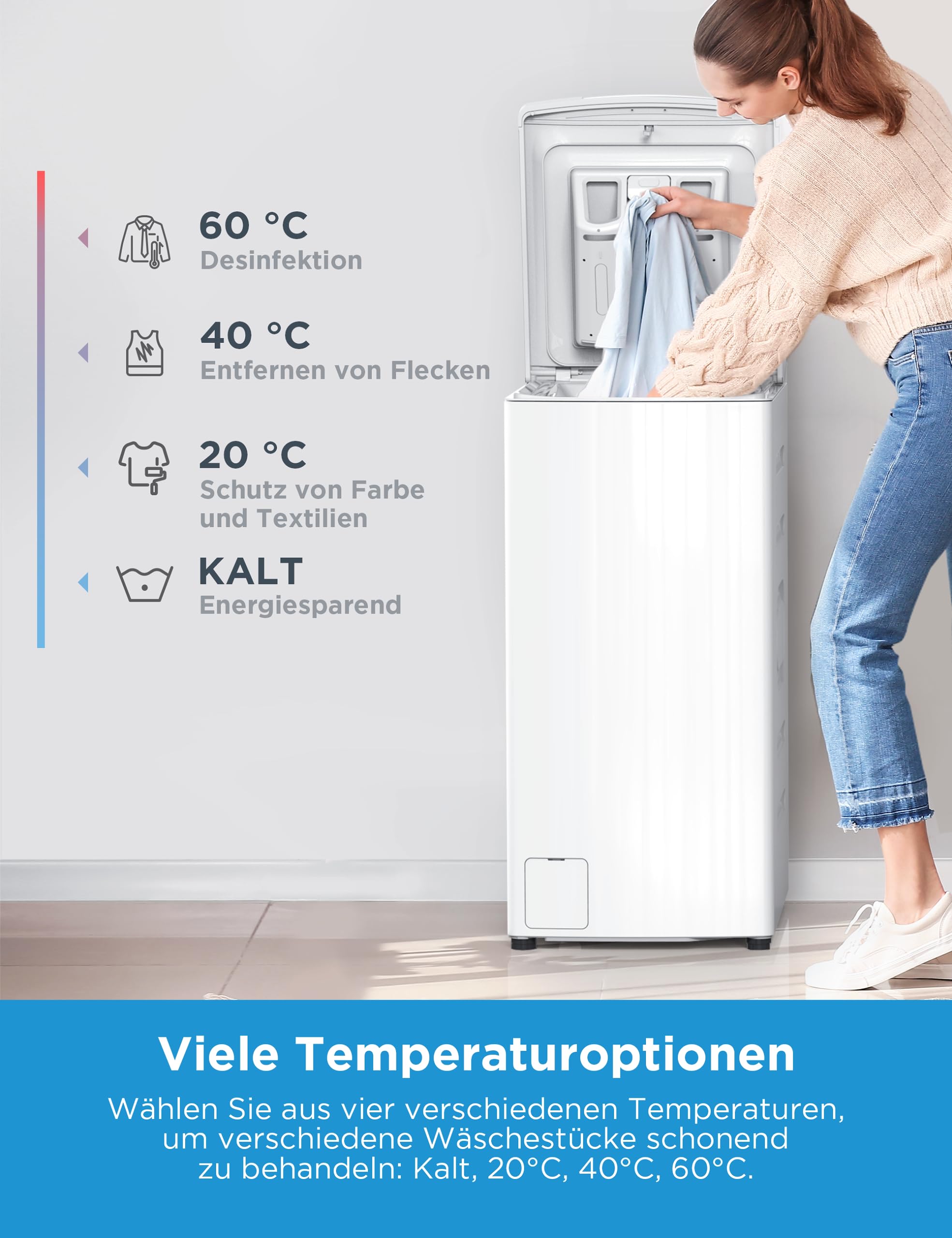 Midea Toplader Waschmaschine MF10ET60B / 6KG / A / 1200 U/min/BLDC Inverter Mortor/Dampffunktion/SoftOpener/XL Türöffnung/Kurz 15'&45' / Mehrere Temperaturoptionen/AquaStop, Weiß 7