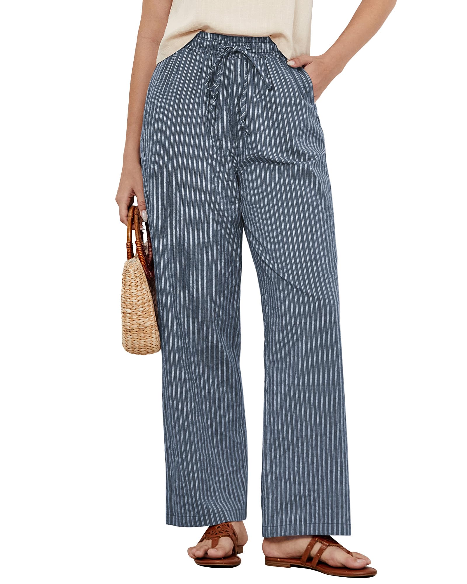 Photo 1 of GRAPENT Plus Size Womens Pants Cotton Wide Leg Pants for Women Womens Pull on for Women Summer Wide Leg Casual Blue Stripe Size XX-Large US 20 to 22