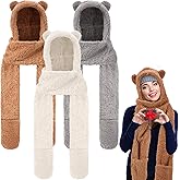 Coume 3 Pack Winter Fleece Women Bear Ear Sherpa Hooded Scarf Hat Gloves Hooded Scarf Ear Protection Windproof Cap