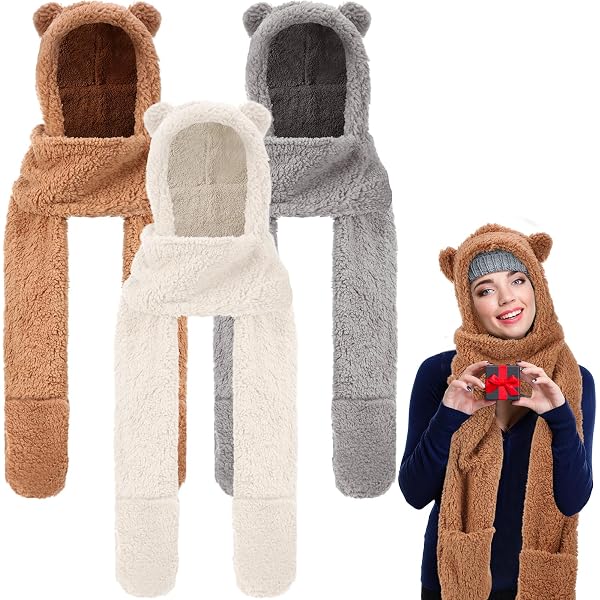 Umeepar Winter Bear Ear Sherpa Hood Hat Scarf Gloves 3 in 1 