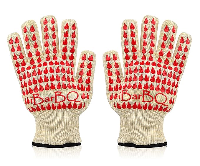 iBarBQ(TM) GLOVES - withstand 662 degrees F (350C) - SUPERIOR COMFORT Barbeque-Grille-Smoker-Oven Heat Protection Gloves- Thermally insulated and reinforced with Silicone and DuPont(TM) Nomex(TM) and Kevlar(TM) with a gentle cotton lining to protect all f