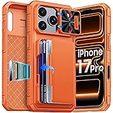 BSNRM for iPhone 17 Pro Case Wallet, Built-in RFID Blocking Card Holder (4-5 Cards), Camera Control Button, Slide Camera Cover, Shockproof Rugged Silicone Phone Case for iPhone 17 Pro, Orange