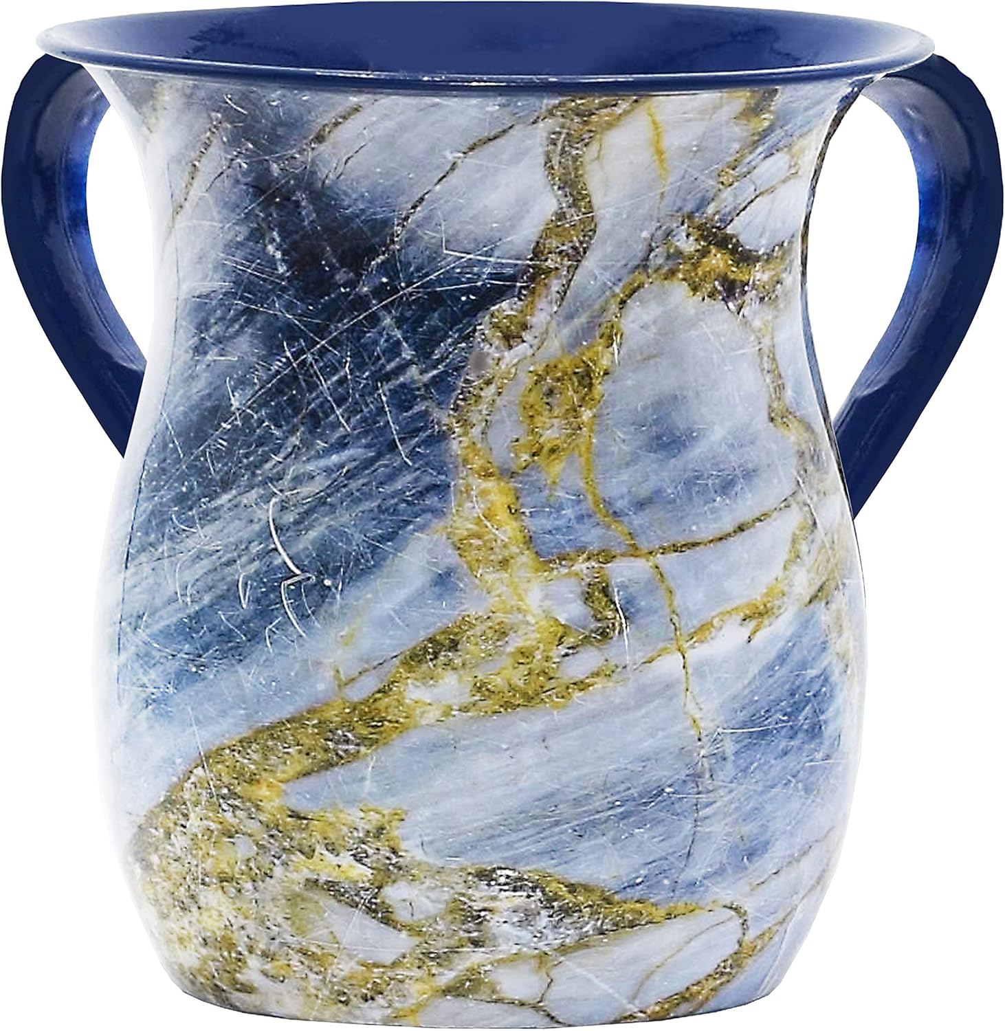 The Kosher Cook Stainless Steel Netilat Yadayim Cup, Blue and Gold Stone Painted Design, Looks Like Ceramic, Rust