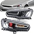 VLAND Headlights Assembly Fit for Mitsubishi Lancer& EVO X 2008-2020 W/DRL, LED Front light with Sequential Turn Signal, Plug-n-Play Headlamp with Demon Eyes, Black Housing