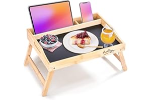 Hallops Bed Trays for Eating and Laptops - Adjustable, Foldable, and Spill-Resistant Bed Table Tray - 2 Media Slots for Phone